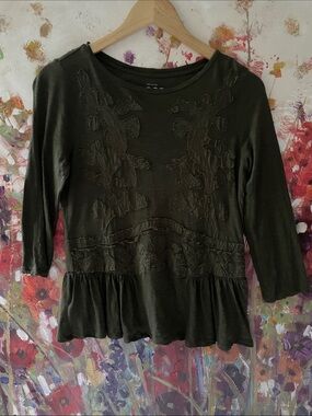 LOFT Dark Olive Embroidered Peplum Long Sleeve Top